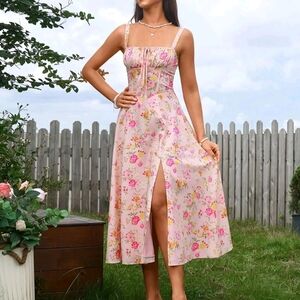 Pink and Yellow Bustier Midi Dress with Slit